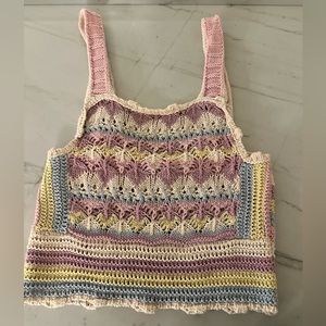 Knit Zara top. Tan, pink, purple, blue and yellow knit detail. 70’s vibes.